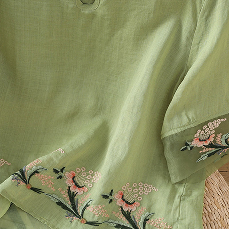 Casual Floral Embroidery Crew Neck Women's Frog-Button Polyester Half Sleeve Shirt
