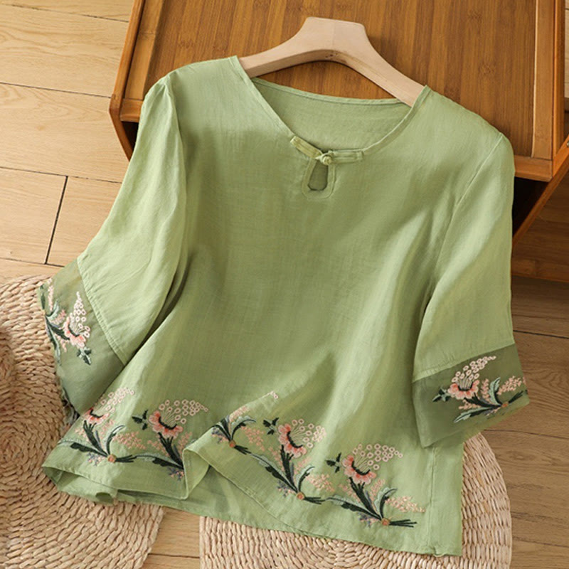 Casual Floral Embroidery Crew Neck Women's Frog-Button Polyester Half Sleeve Shirt