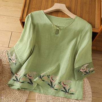 Casual Floral Embroidery Crew Neck Women's Frog-Button Polyester Half Sleeve Shirt