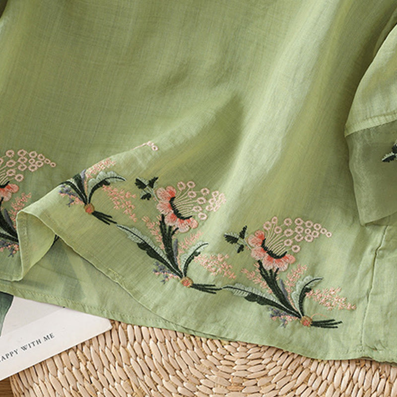 Casual Floral Embroidery Crew Neck Women's Frog-Button Polyester Half Sleeve Shirt