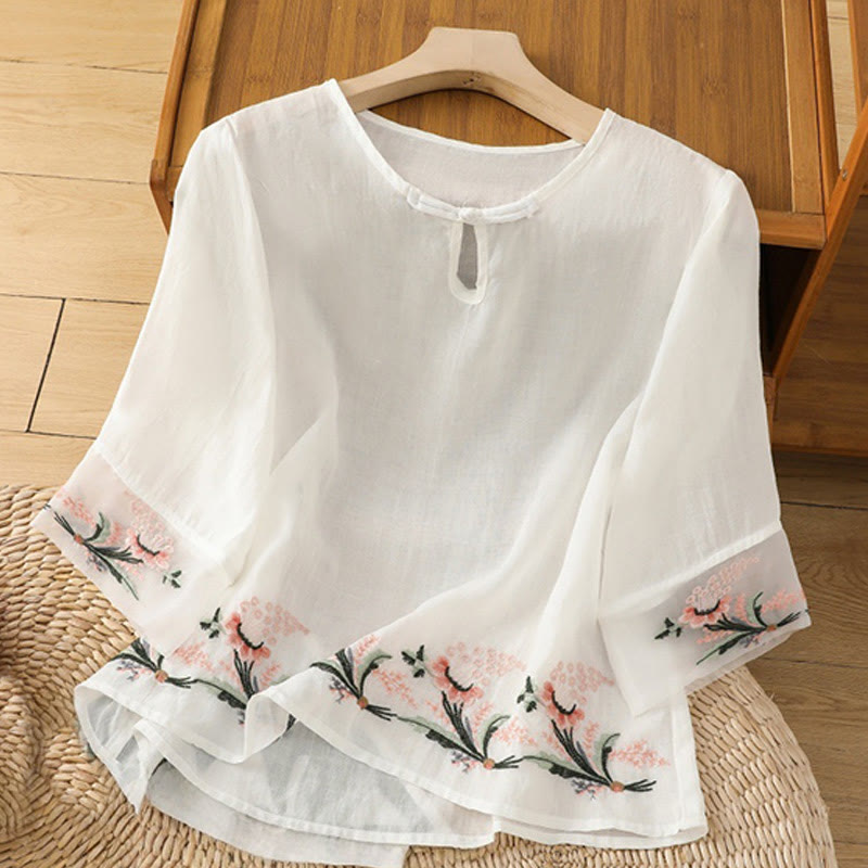 Casual Floral Embroidery Crew Neck Women's Frog-Button Polyester Half Sleeve Shirt