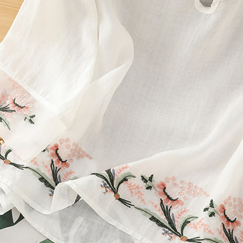 Casual Floral Embroidery Crew Neck Women's Frog-Button Polyester Half Sleeve Shirt