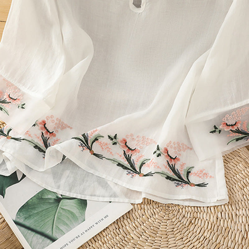 Casual Floral Embroidery Crew Neck Women's Frog-Button Polyester Half Sleeve Shirt