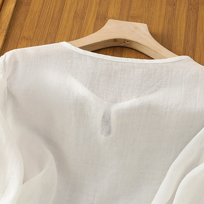Casual Floral Embroidery Crew Neck Women's Frog-Button Polyester Half Sleeve Shirt