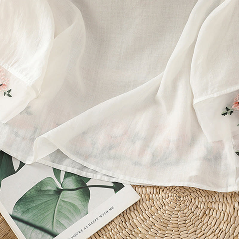 Casual Floral Embroidery Crew Neck Women's Frog-Button Polyester Half Sleeve Shirt