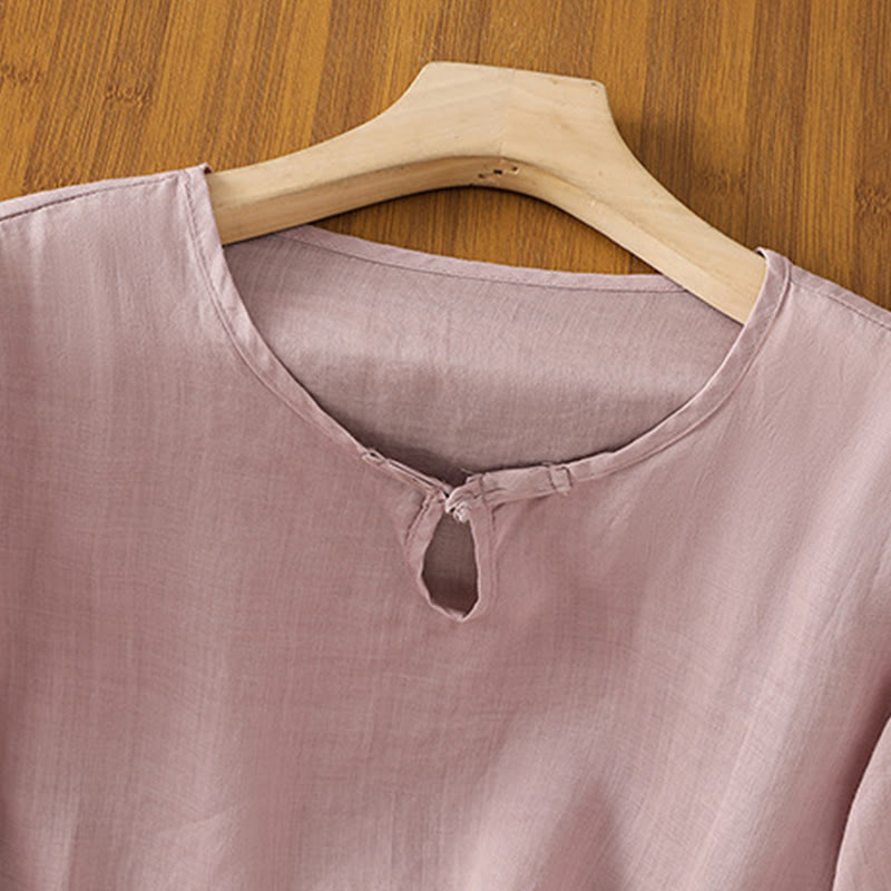 Casual Floral Embroidery Crew Neck Women's Frog-Button Polyester Half Sleeve Shirt