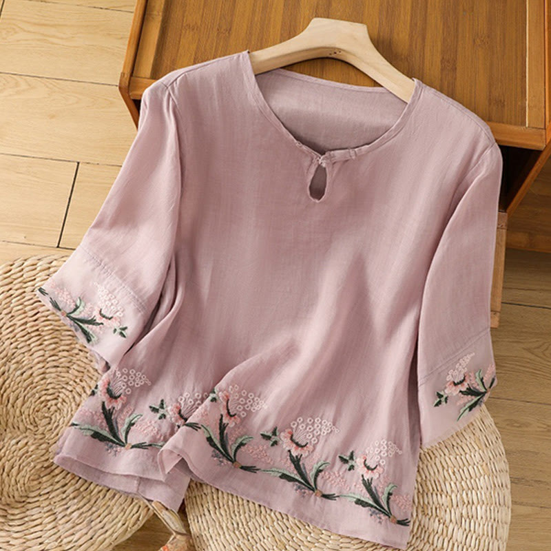 Casual Floral Embroidery Crew Neck Women's Frog-Button Polyester Half Sleeve Shirt