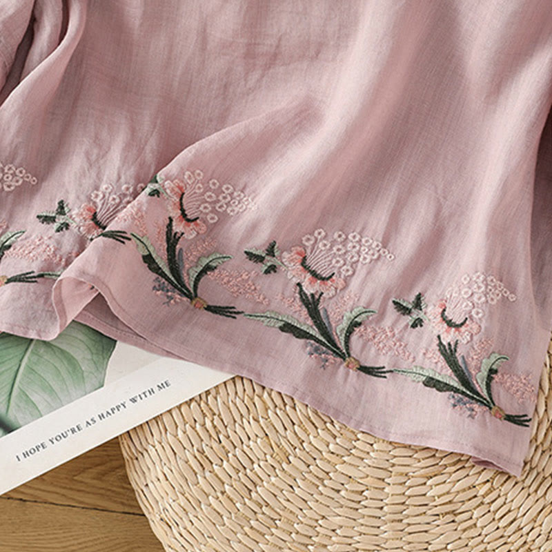 Casual Floral Embroidery Crew Neck Women's Frog-Button Polyester Half Sleeve Shirt