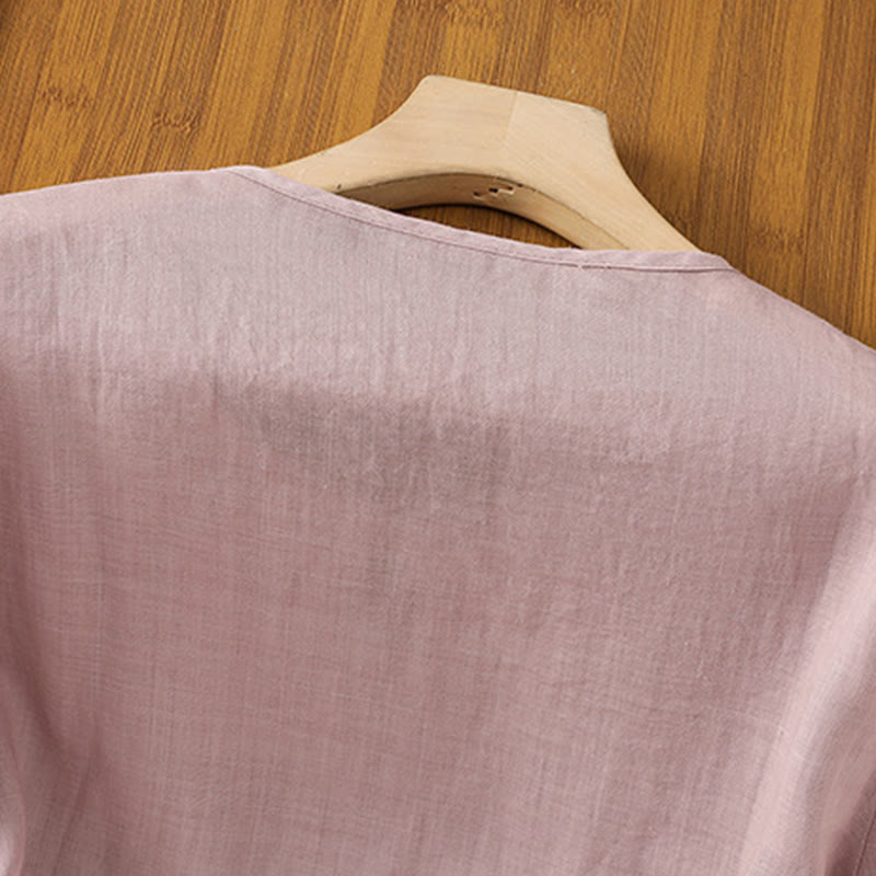 Casual Floral Embroidery Crew Neck Women's Frog-Button Polyester Half Sleeve Shirt