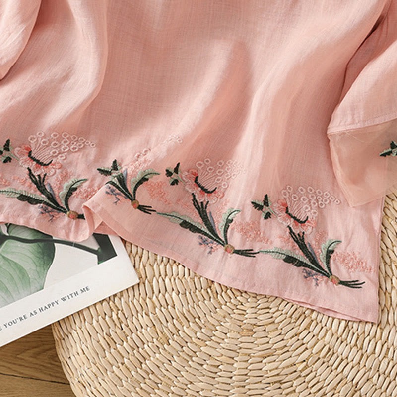 Casual Floral Embroidery Crew Neck Women's Frog-Button Polyester Half Sleeve Shirt