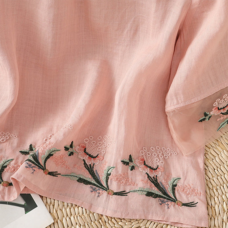Casual Floral Embroidery Crew Neck Women's Frog-Button Polyester Half Sleeve Shirt