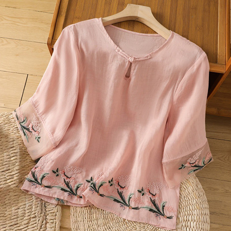 Casual Floral Embroidery Crew Neck Women's Frog-Button Polyester Half Sleeve Shirt