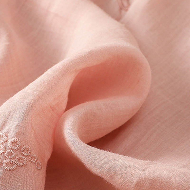 Casual Floral Embroidery Crew Neck Women's Frog-Button Polyester Half Sleeve Shirt