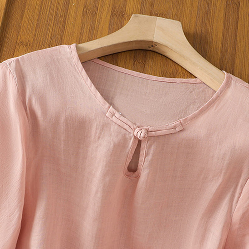 Casual Floral Embroidery Crew Neck Women's Frog-Button Polyester Half Sleeve Shirt