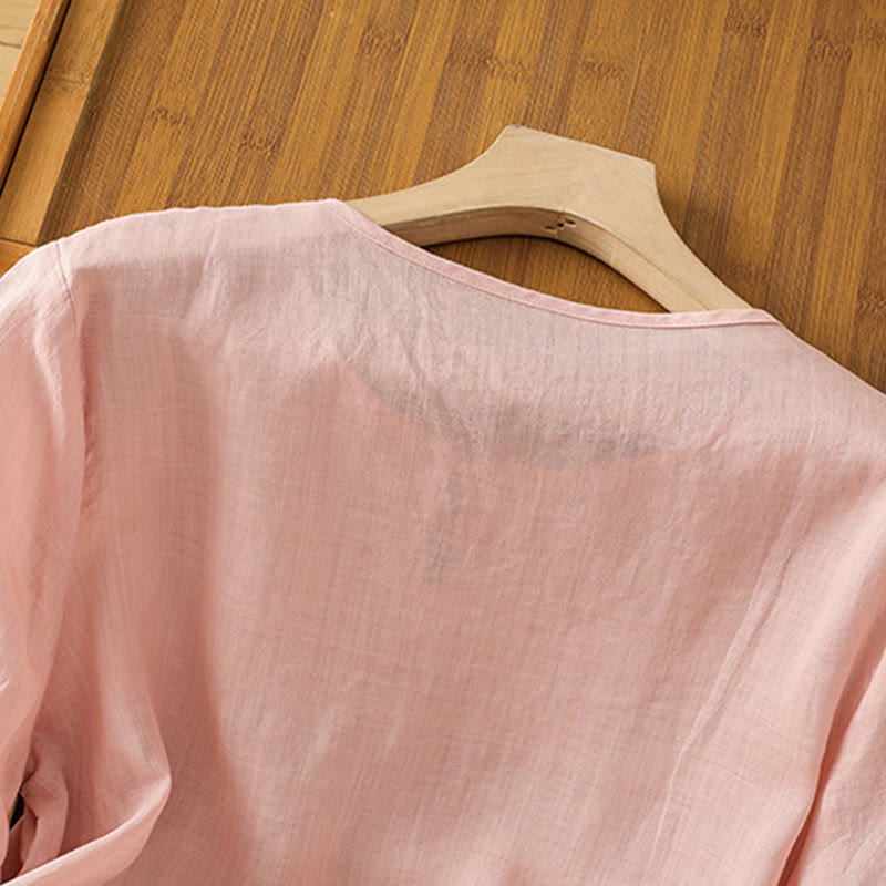 Casual Floral Embroidery Crew Neck Women's Frog-Button Polyester Half Sleeve Shirt