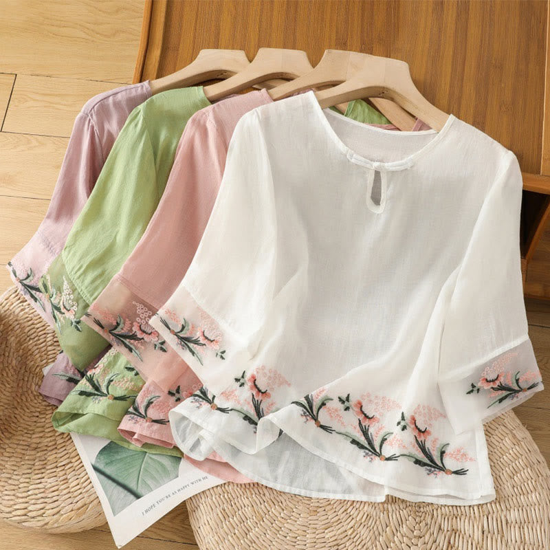 Casual Floral Embroidery Crew Neck Women's Frog-Button Polyester Half Sleeve Shirt