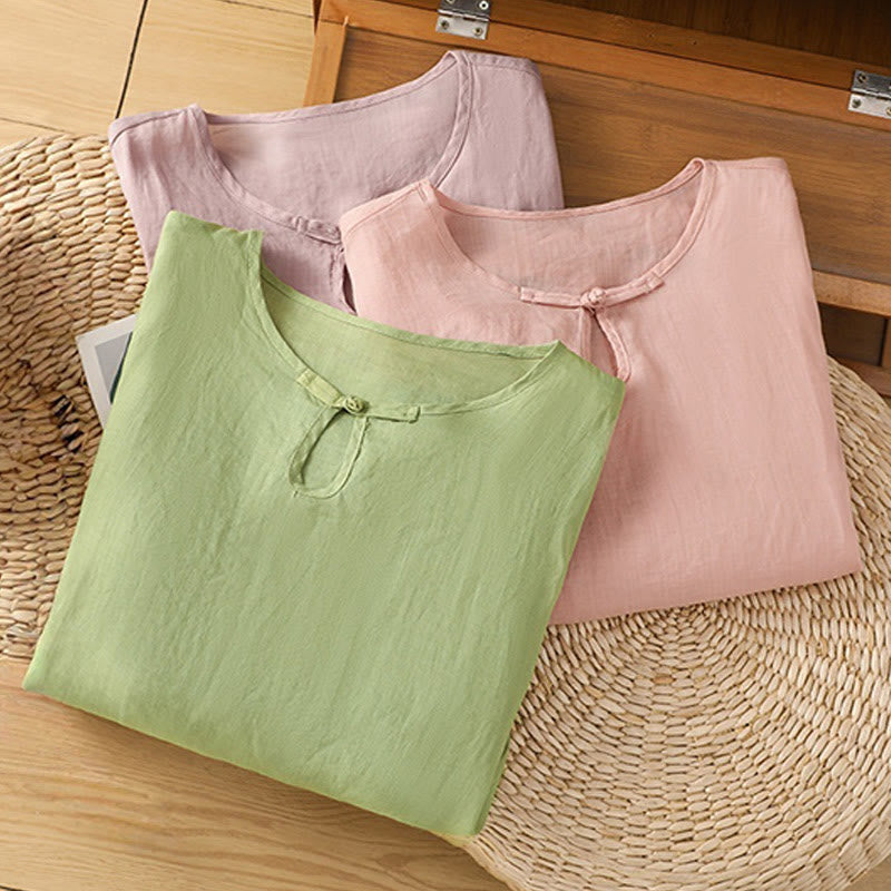 Casual Floral Embroidery Crew Neck Women's Frog-Button Polyester Half Sleeve Shirt