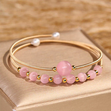 Pink Cat's Eye and Pearl 14K Gold Filled Copper Metal Cuff Bracelet