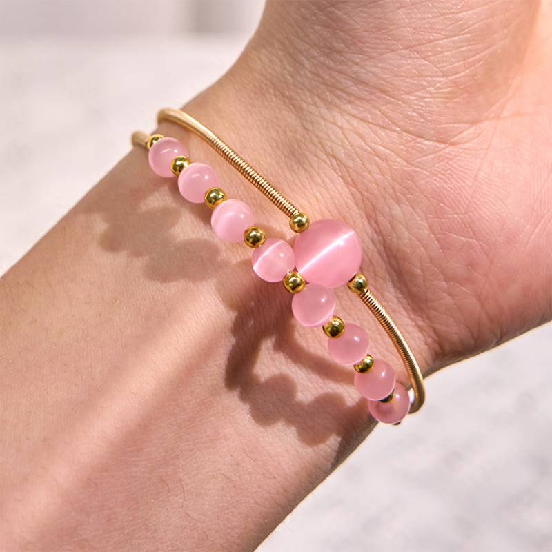 Pink Cat's Eye and Pearl 14K Gold Filled Copper Metal Cuff Bracelet