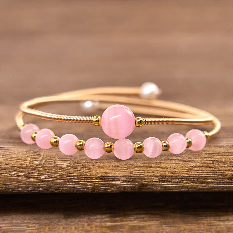 Pink Cat's Eye and Pearl 14K Gold Filled Copper Metal Cuff Bracelet