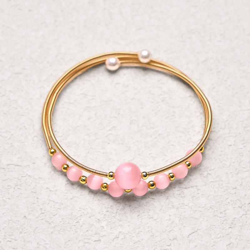 Pink Cat's Eye and Pearl 14K Gold Filled Copper Metal Cuff Bracelet