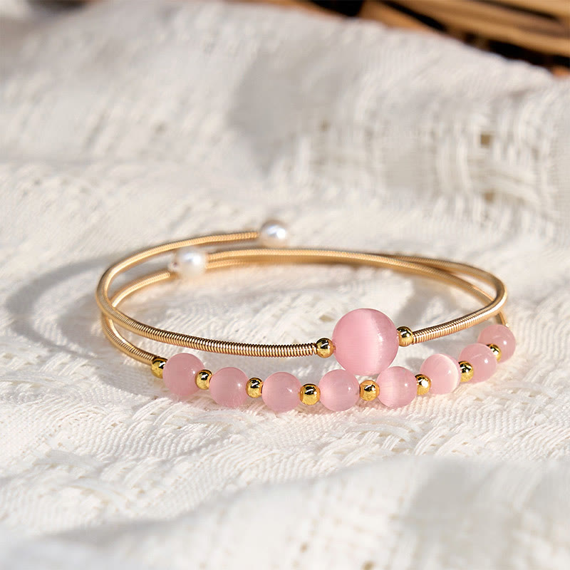 Pink Cat's Eye and Pearl 14K Gold Filled Copper Metal Cuff Bracelet