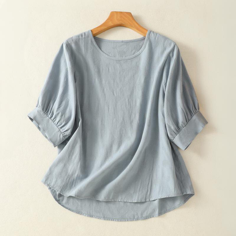 Plain Crew Neck Design Women's Cotton Loose Short Sleeves Shirt