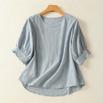 Plain Crew Neck Design Women's Cotton Loose Short Sleeves Shirt