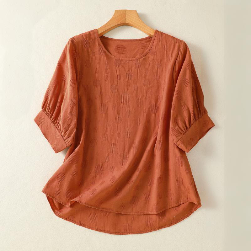 Plain Crew Neck Design Women's Cotton Loose Short Sleeves Shirt