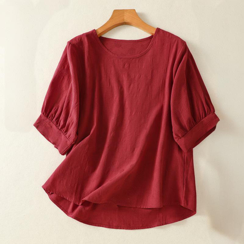 Plain Crew Neck Design Women's Cotton Loose Short Sleeves Shirt