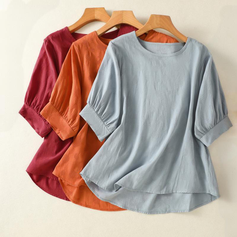 Plain Crew Neck Design Women's Cotton Loose Short Sleeves Shirt