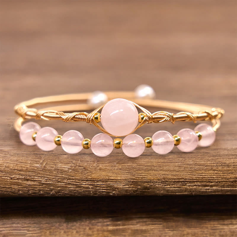 Natural Rose Quartz Love Healing Metal Cuff Bracelet Bangle