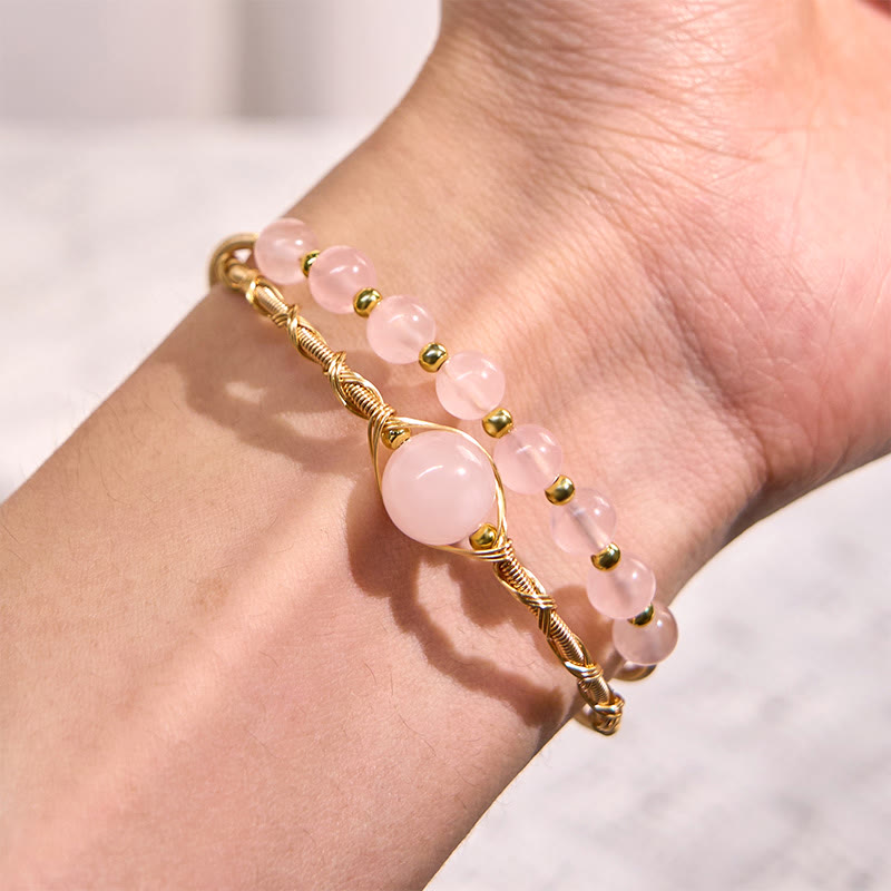 Natural Rose Quartz Love Healing Metal Cuff Bracelet Bangle