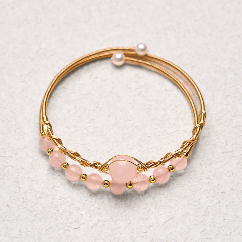 Natural Rose Quartz Love Healing Metal Cuff Bracelet Bangle