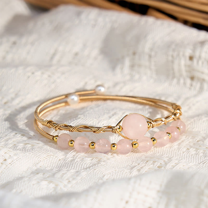 Natural Rose Quartz Love Healing Metal Cuff Bracelet Bangle
