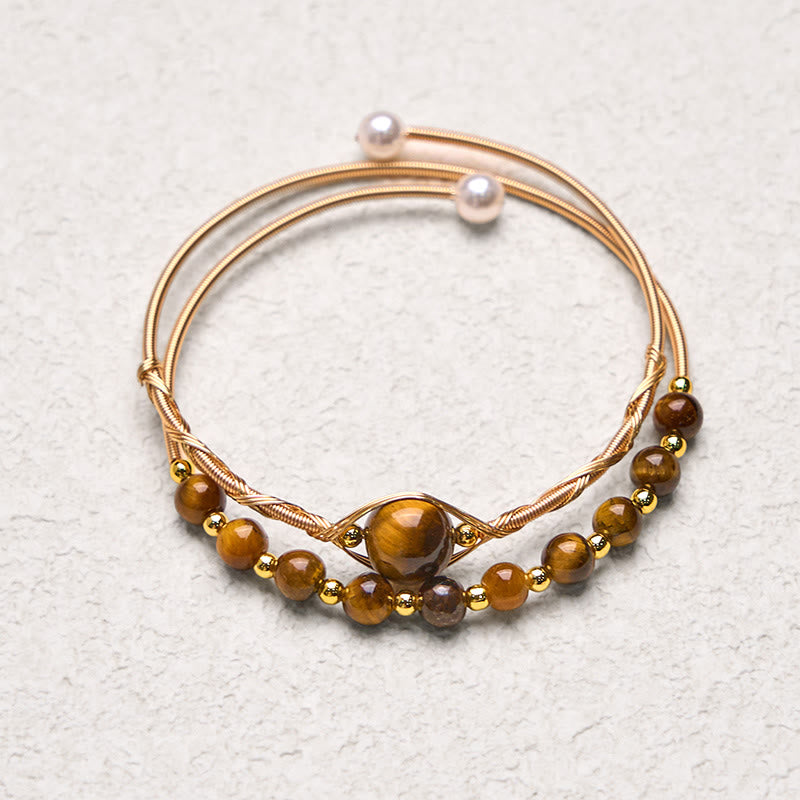14K Gold Filled Copper Natural Tiger Eye Protection Metal Cuff Bracelet Bangle