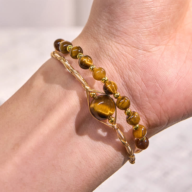 14K Gold Filled Copper Natural Tiger Eye Protection Metal Cuff Bracelet Bangle