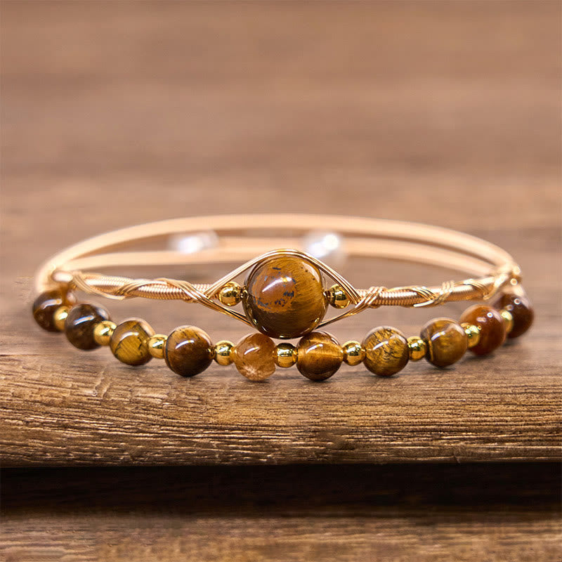 14K Gold Filled Copper Natural Tiger Eye Protection Metal Cuff Bracelet Bangle