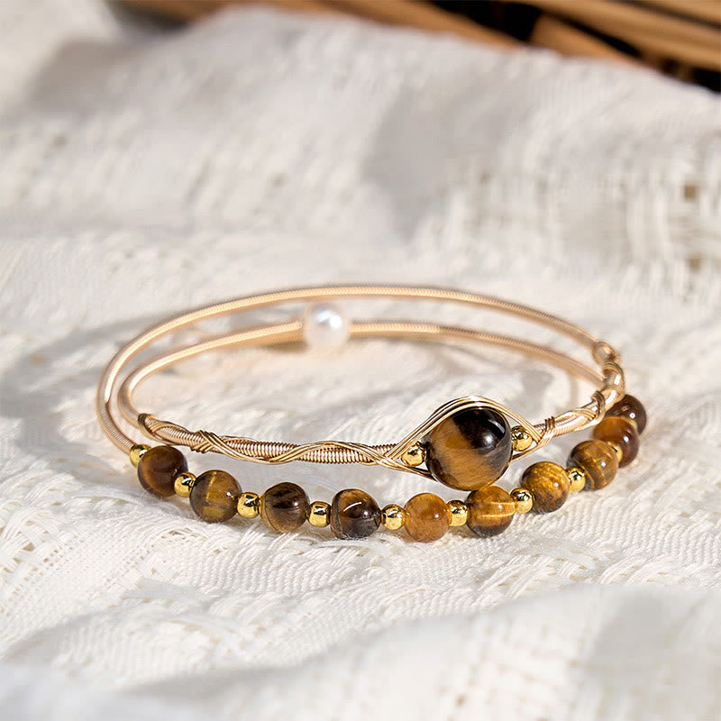 14K Gold Filled Copper Natural Tiger Eye Protection Metal Cuff Bracelet Bangle