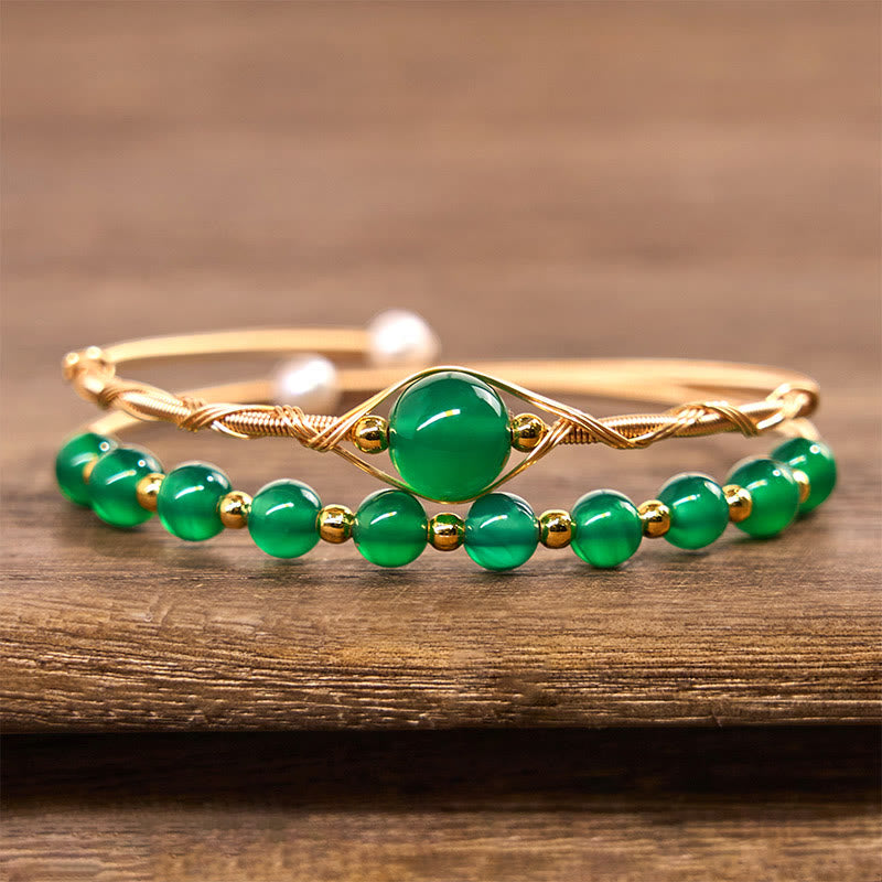 14K Gold Filled Copper Natural Green Agate Power Metal Cuff Bracelet Bangle