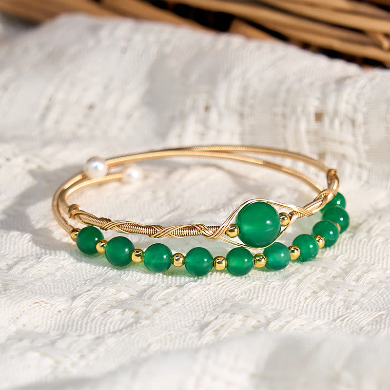 14K Gold Filled Copper Natural Green Agate Power Metal Cuff Bracelet Bangle