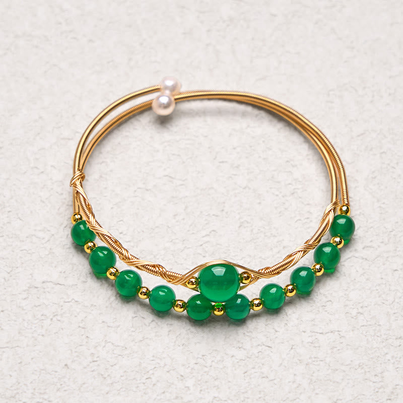 14K Gold Filled Copper Natural Green Agate Power Metal Cuff Bracelet Bangle