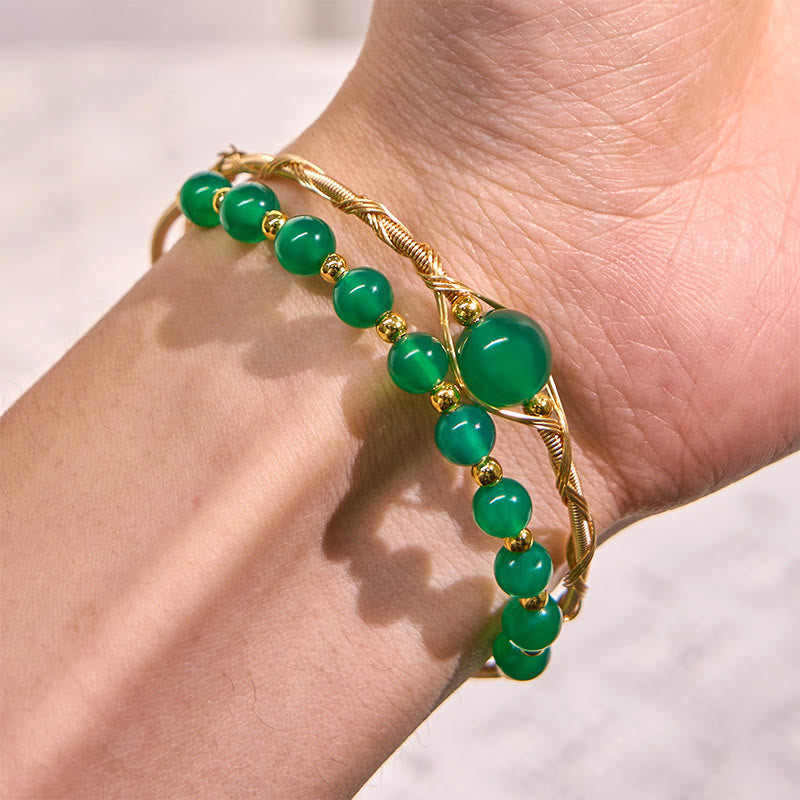 14K Gold Filled Copper Natural Green Agate Power Metal Cuff Bracelet Bangle