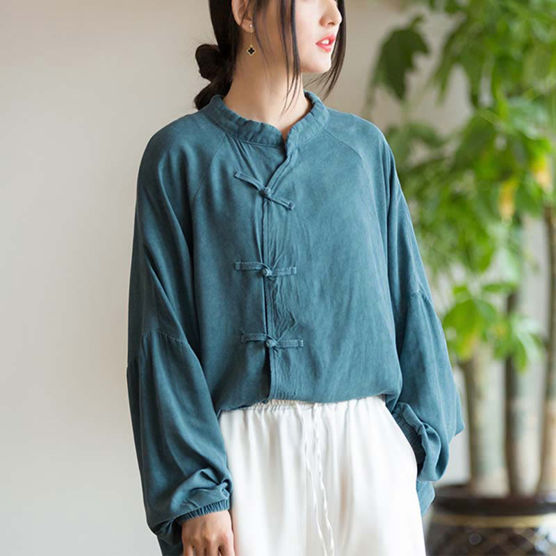 Frog-Button Long Sleeve Shirt Zen Tai Chi Meditation Top Hanfu Clothing Jacket