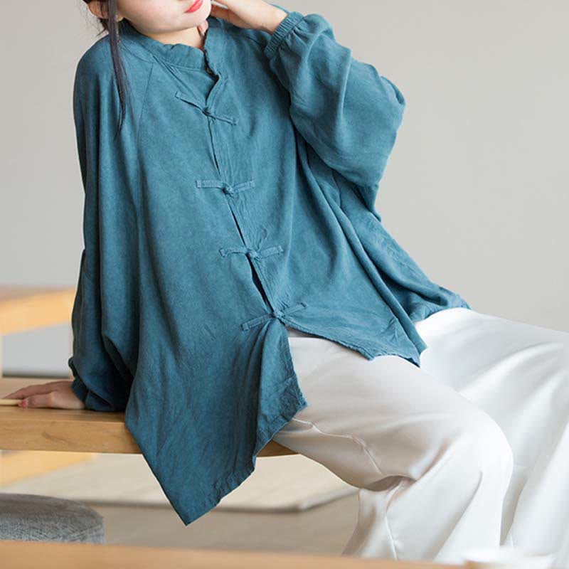 Frog-Button Long Sleeve Shirt Zen Tai Chi Meditation Top Hanfu Clothing Jacket