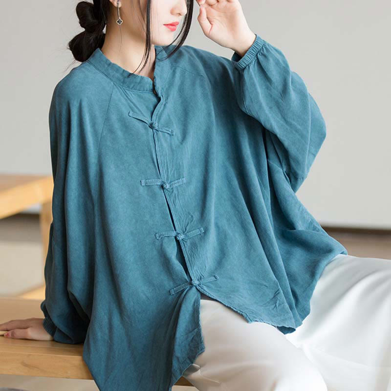 Frog-Button Long Sleeve Shirt Zen Tai Chi Meditation Top Hanfu Clothing Jacket