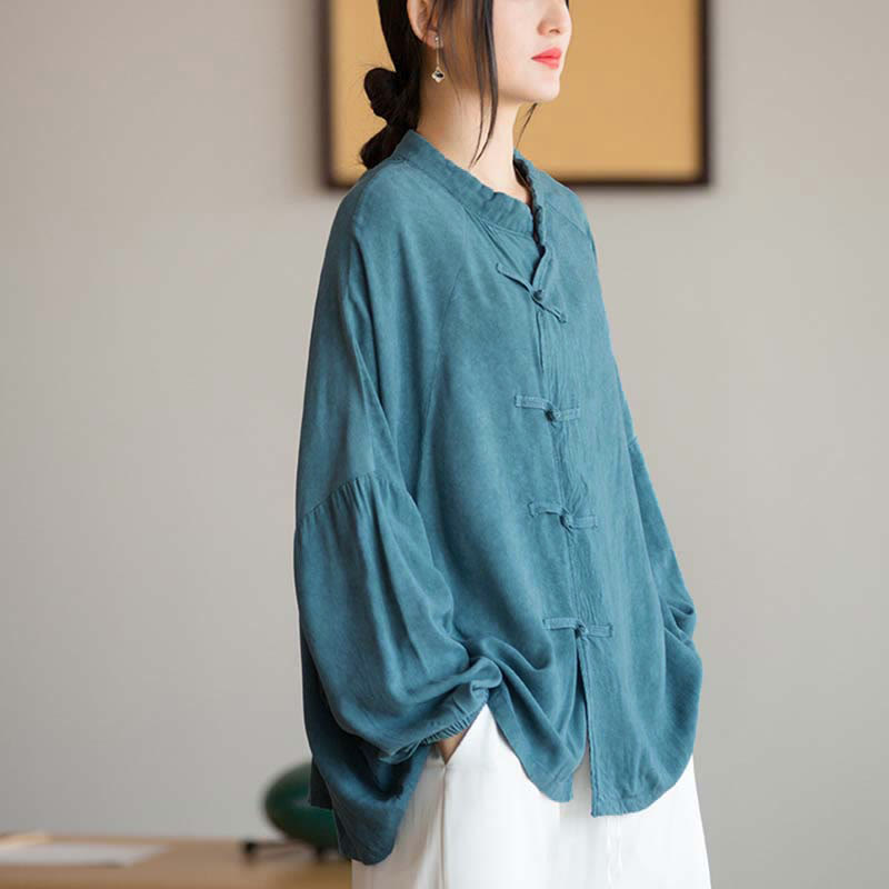 Frog-Button Long Sleeve Shirt Zen Tai Chi Meditation Top Hanfu Clothing Jacket