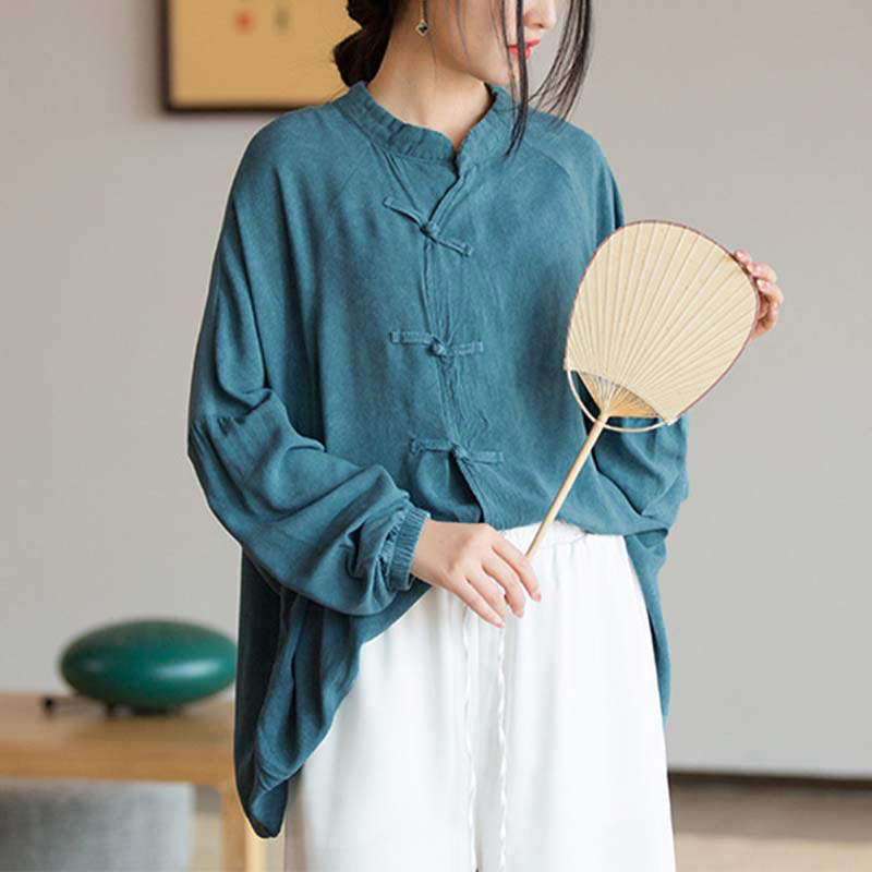 Frog-Button Long Sleeve Shirt Zen Tai Chi Meditation Top Hanfu Clothing Jacket