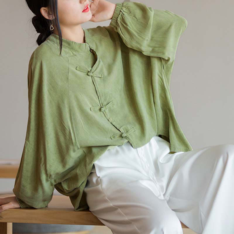 Frog-Button Long Sleeve Shirt Zen Tai Chi Meditation Top Hanfu Clothing Jacket