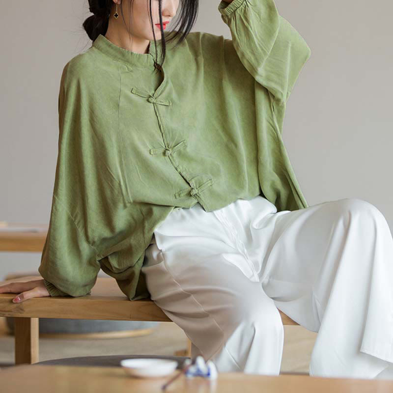 Frog-Button Long Sleeve Shirt Zen Tai Chi Meditation Top Hanfu Clothing Jacket